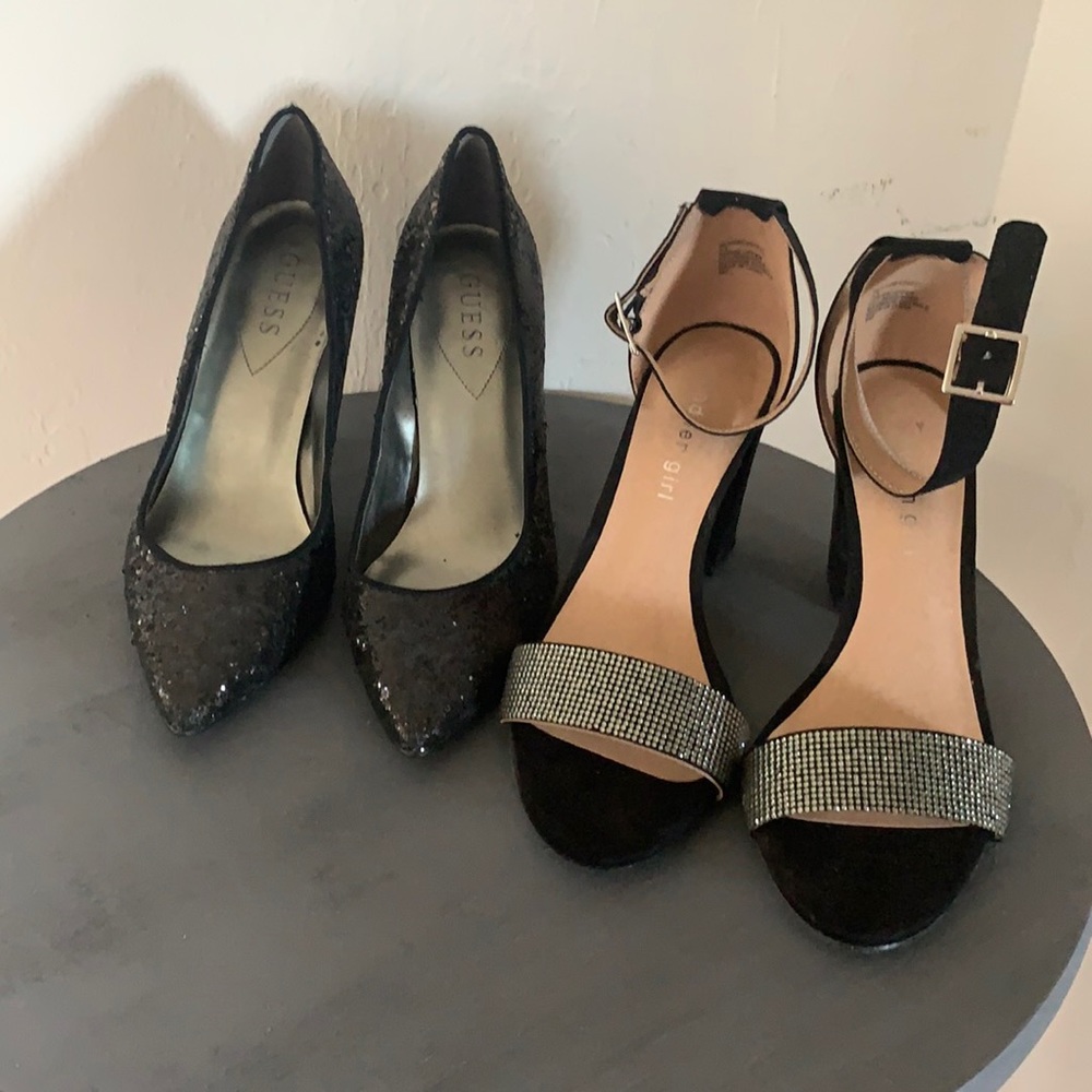 Women’s Guess Black Sequined & Madden Girl Black/RhinestoneHeels w/FREE necklace